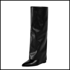 Knee High Slouchy Fold Over Boots Wedge Heel Pointed Toe Zipper Dress Boots